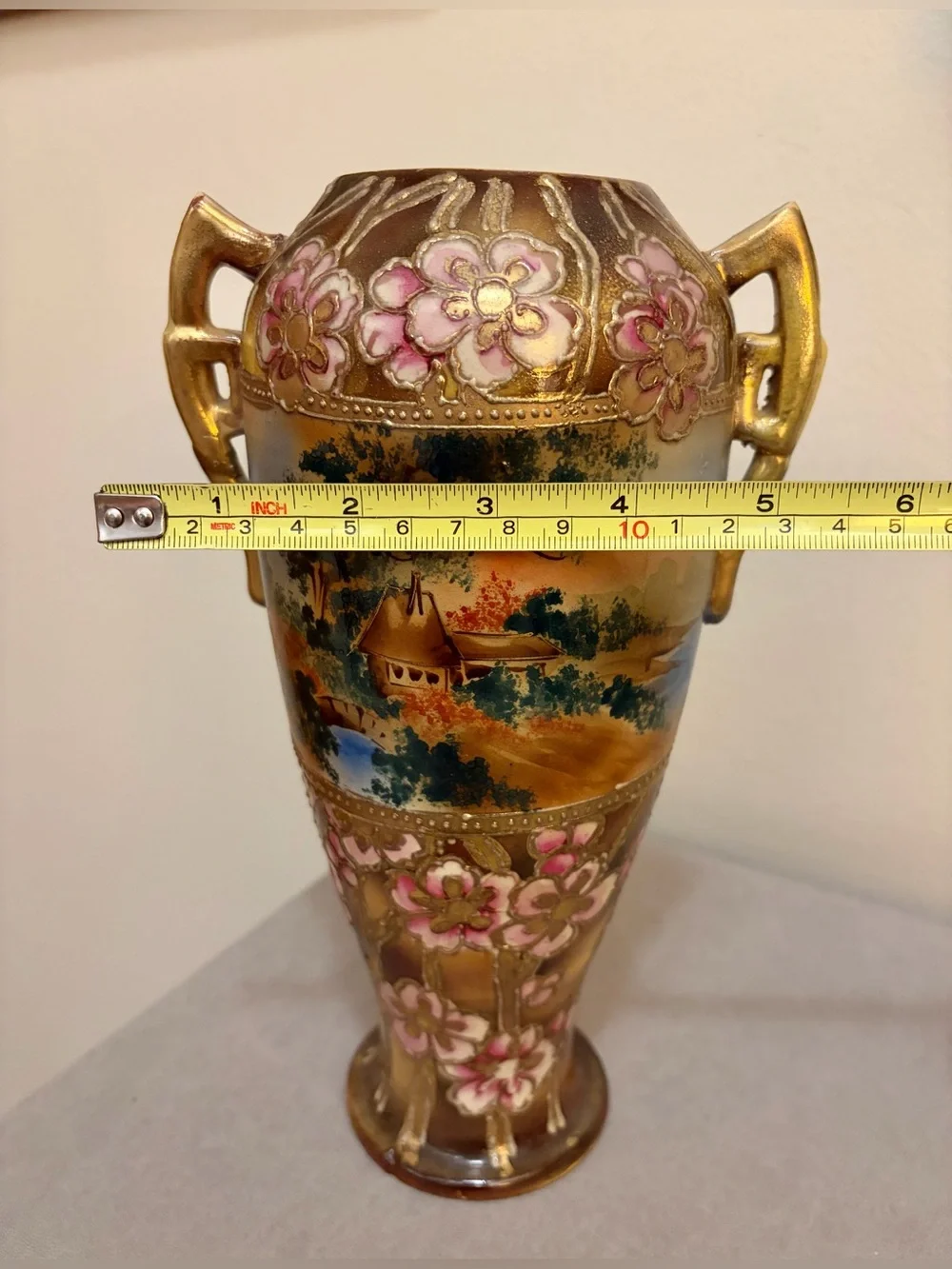 Japanese Nippon-Style Urn, Exquisite Moriage Florals & Landscape Antique 10 inch